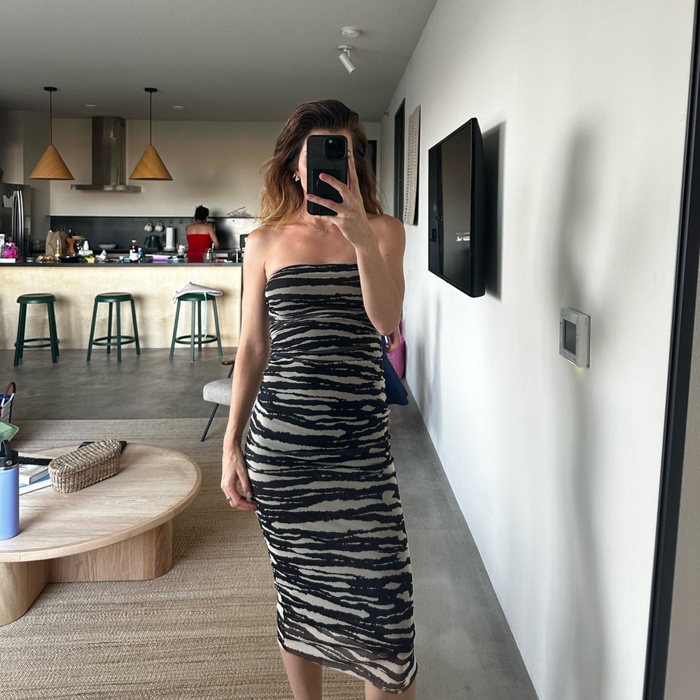 Animal Print Zebra Ruched Strapless Sheath Dress